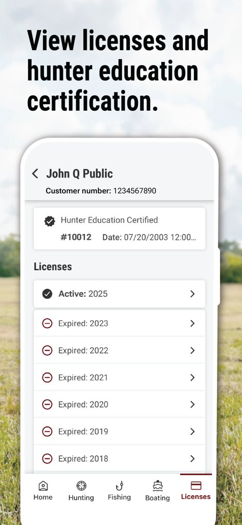 Digital licenses and hunter education certification screen on the Texas Outdoor Annual app