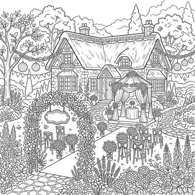 Immerse yourself in the romantic charm of a garden cottage prepared for a wedding celebration. This intricate coloring page invites you to bring a beautiful, love-filled scene to life with your favorite colors.