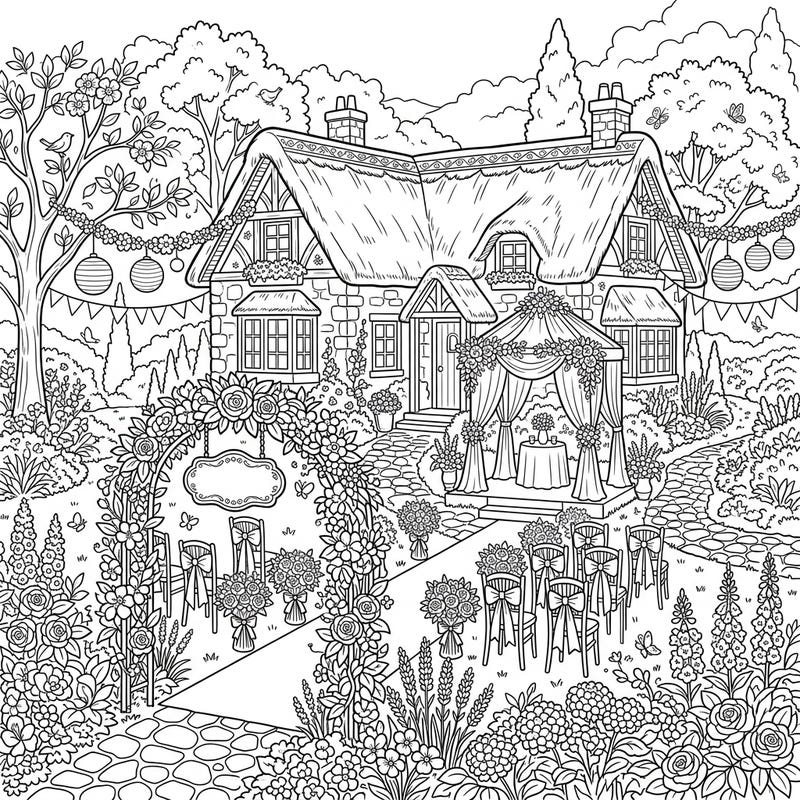 Immerse yourself in the romantic charm of a garden cottage prepared for a wedding celebration. This intricate coloring page invites you to bring a beautiful, love-filled scene to life with your favorite colors.