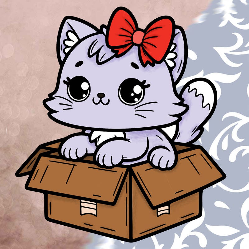a cat with a bow that is sitting in a box