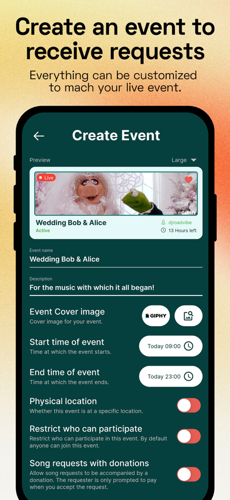 Rekwest - Song requests - A screenshot of the Rekwest app showing the event creation and customization settings for song requests