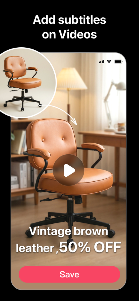 VividPic - AI Video Generator - プロモーション字幕と保存ボタンが付いた革の椅子の商品動画を示すVividPicアプリのインターフェース。