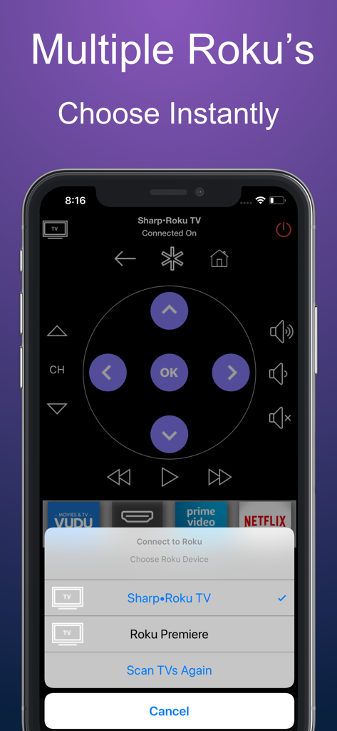 Interfaz de la aplicación móvil para un control remoto Roku TV que muestra un menú de selección para múltiples dispositivos.