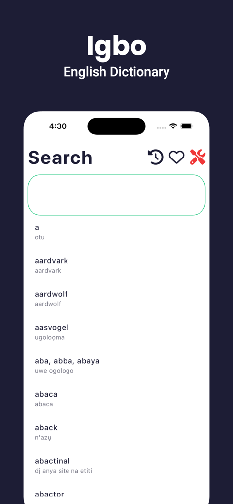 Igbo Dictionary - Dict Box - Mobile app search screen showing English words with their Igbo translations in a list format.