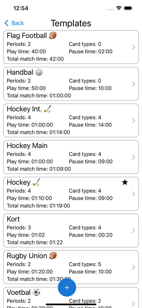 Whistle Time - Un elenco di modelli sportivi precaricati per arbitri nell'app Whistle Time, inclusi calcio, hockey e rugby