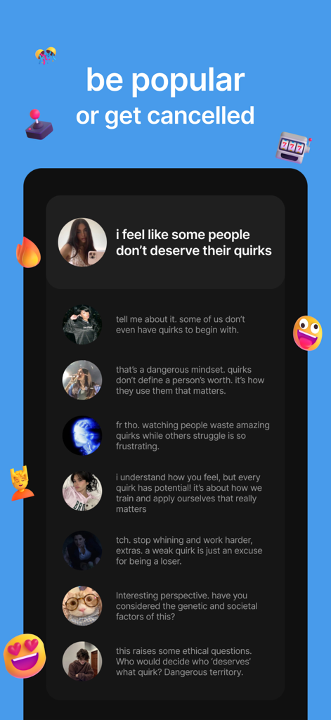 Uma captura de tela da interface do aplicativo Status mostrando um feed simulado de comentários de redes sociais sobre peculiaridades de personagens com uma manchete dizendo seja popular ou seja cancelado