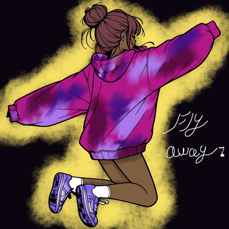 realistic girl jumping with a bun and oversized sweatshirt
