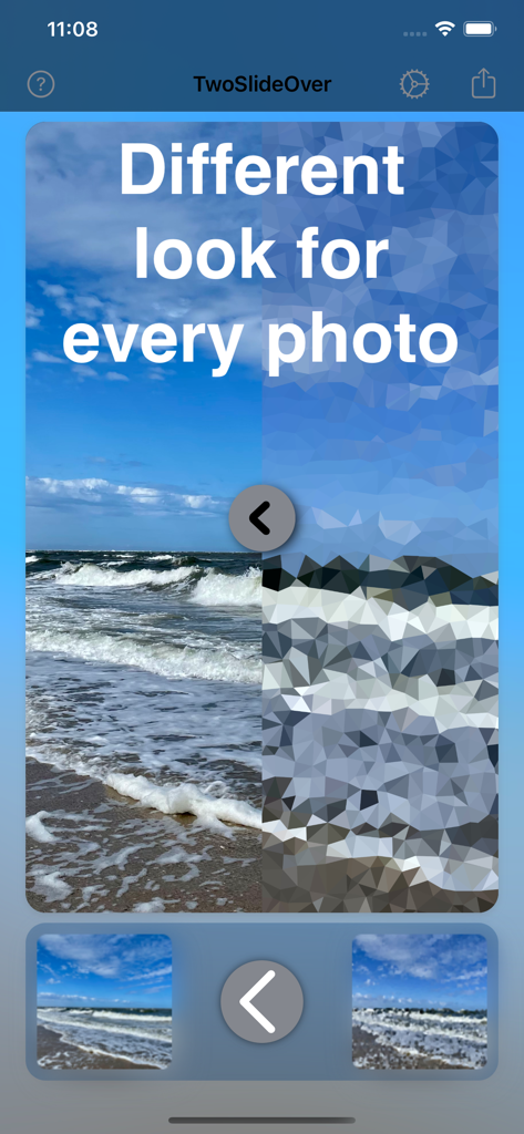 TwoSlideOver app interface comparing a beach photo with a mosaic filter using a slider
