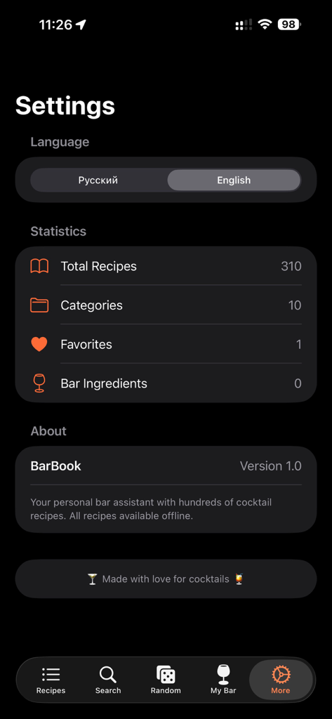 Cocktails Book - Einstellungsbildschirm der Cocktails Book App mit einer zweisprachigen Sprachauswahl zwischen Englisch und Russisch und Nutzungsstatistiken