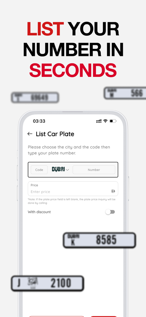 S-Hub: Marketplace - Interface for listing a car license plate on the S-Hub Marketplace app