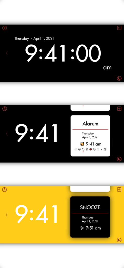 Landscape interface of the Alarum app showing a minimalist digital clock with alarm and snooze cards