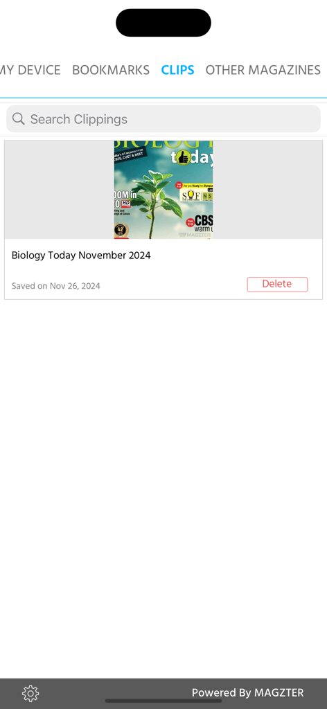 Biology Today - The clips section of the Biology Today app showing a saved magazine issue from November 2024
