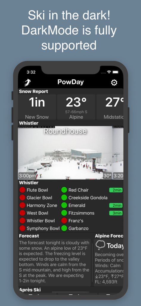 PowDay - PowDay ski app interface in dark mode showing snow reports, lift status, and live webcam for Whistler Blackcomb