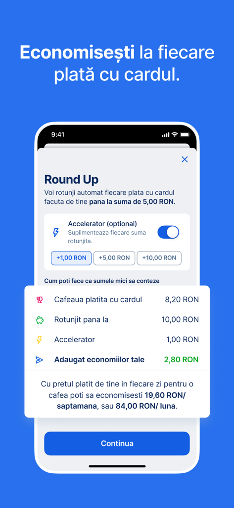George Romania - Capture d'écran de l'application bancaire George Roumanie montrant la fonctionnalité d'arrondi pour économiser sur un téléphone mobile.