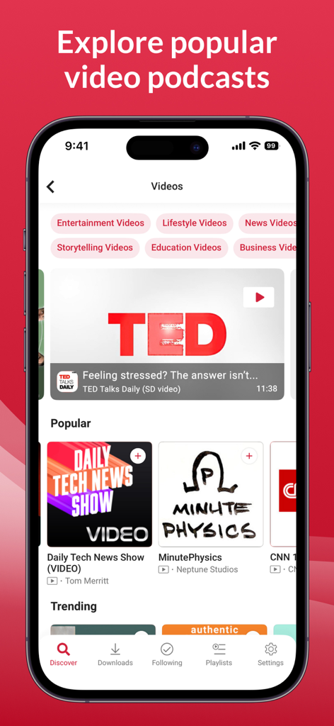Player FM app video podcast discovery screen showing popular shows and categories