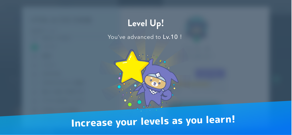 A gamified level up screen in the Progate coding app featuring a ninja character holding a star.