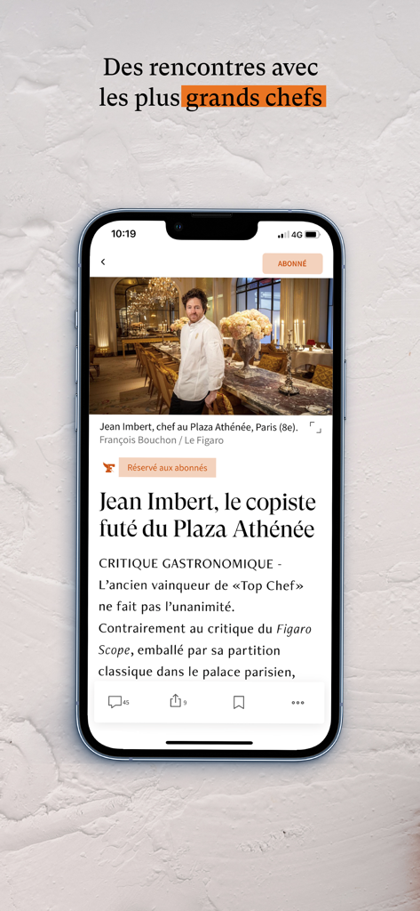 Le Figaro Cuisine - A mobile app screen featuring an article and interview with a famous French chef.