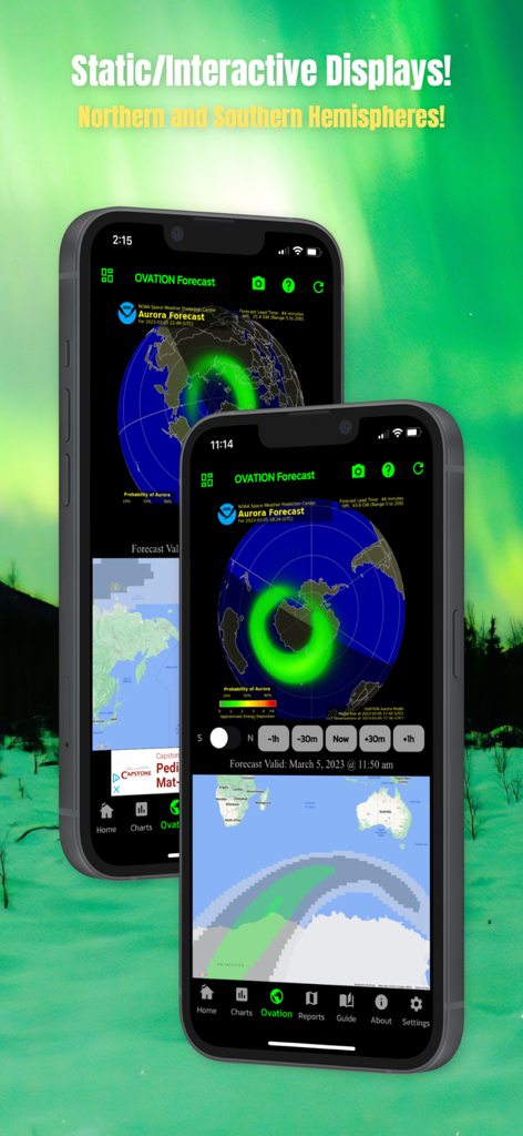 Amazing Aurora - Amazing Auroraアプリに、北半球と南半球のインタラクティブなOVATION予測マップが表示されています。