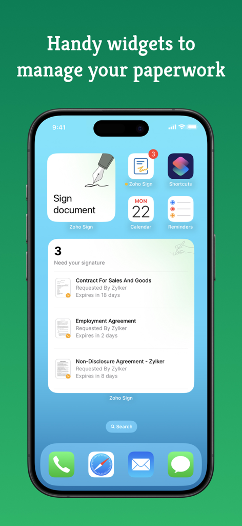 Zoho Sign widgets on an iPhone home screen displaying documents awaiting signature and quick access to sign paperwork.