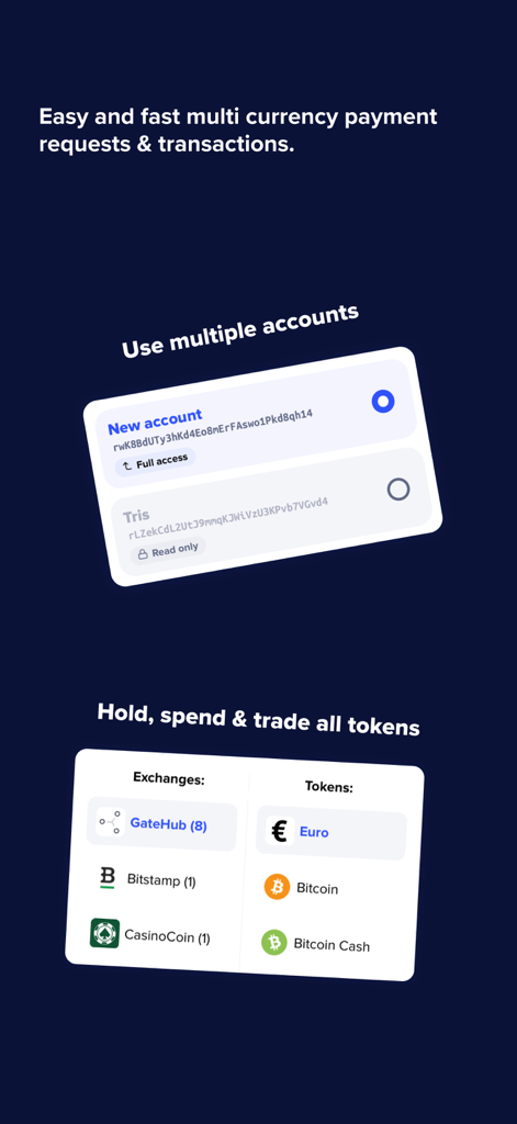 Xaman: XRP Ledger Wallet - Xaman app screen showing multiple user accounts and supported tokens and exchanges