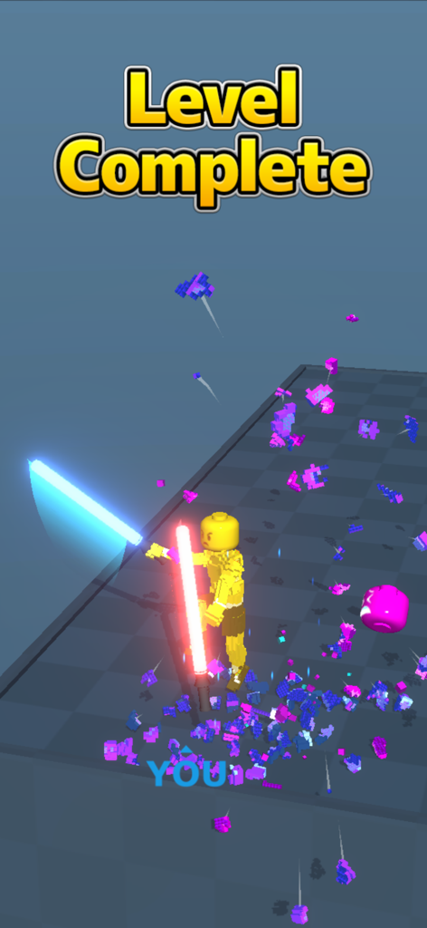Block Gladiator 3D: sword duel - A yellow voxel gladiator holding red and blue light sabers in a 3D arena after a successful level completion.