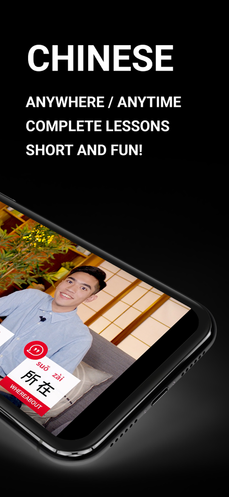ChinesePod mobile app showing a video lesson with Mandarin vocabulary and pinyin on a smartphone screen
