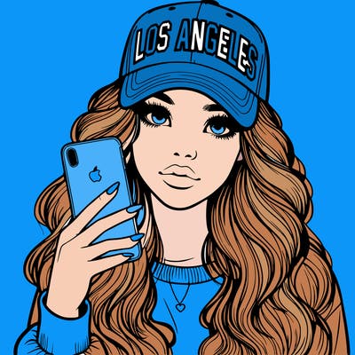 realistic beautiful girl wearing los ángeles cap holding an iphone