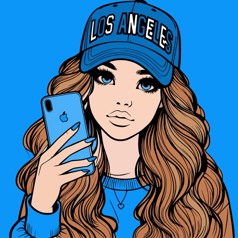 realistic beautiful girl wearing los ángeles cap holding an iphone