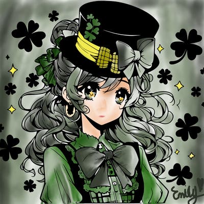 a manga-style girl with clovers around her, a little hat in her hair, like it's saint patrick's day