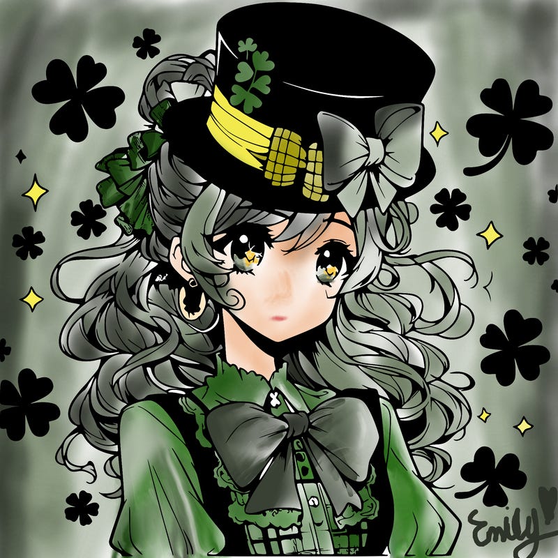 a manga-style girl with clovers around her, a little hat in her hair, like it's saint patrick's day