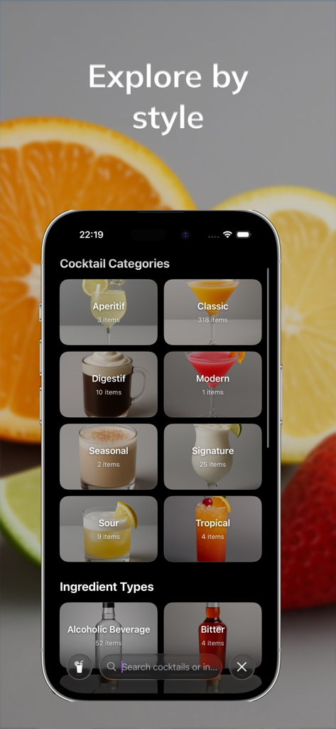 Mixly: Cocktail Recipes - Mixly app interface showing various cocktail categories like classic, modern, and tropical with drink photos