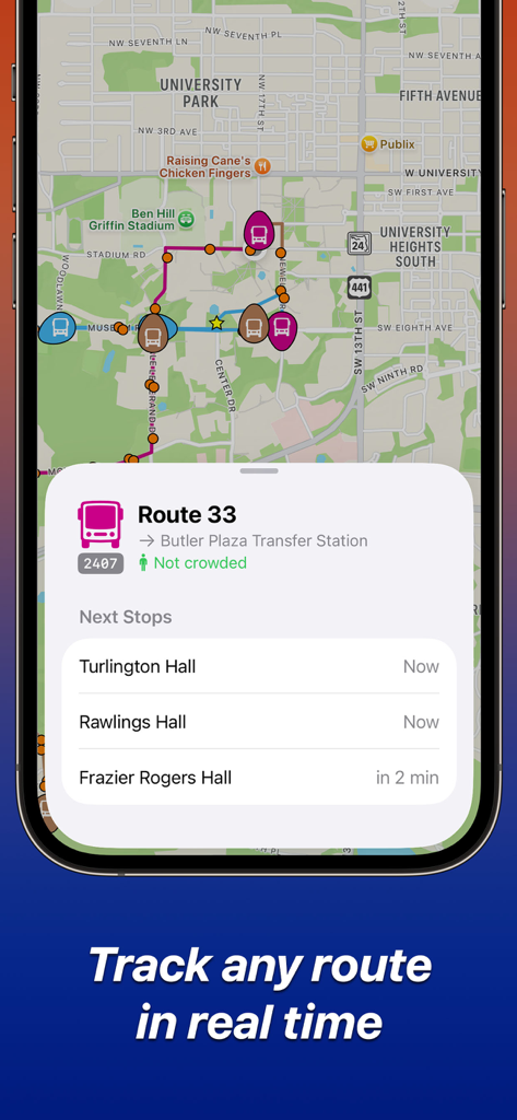 NaviGator for Gainesville RTS - Real time bus tracking map for Gainesville RTS showing route arrival times