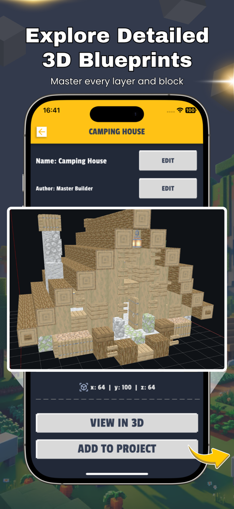 A mobile app screen showing a detailed 3D blueprint of a Minecraft camping house with options to view in 3D and add to a project.
