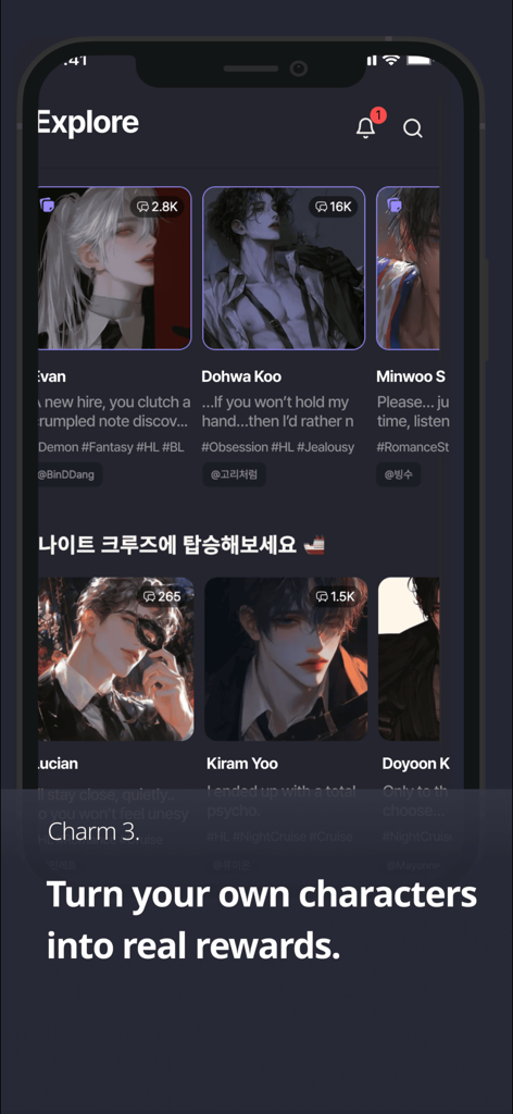 Explore page of the Melting AI app featuring various illustrated character profiles for roleplay and chat