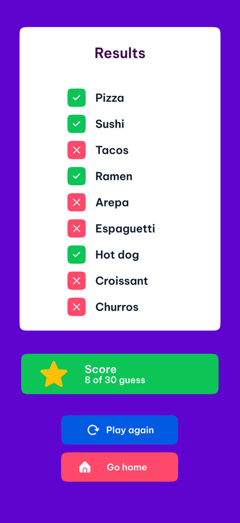Results screen of the Words Up game showing a list of food words and a final score