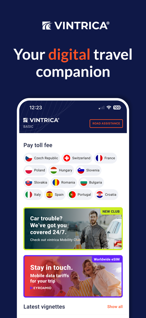 vintrica Mobility - Dashboard der Vintrica Mobility App mit europäischen Mautzahlungen und Pannenhilfefunktionen