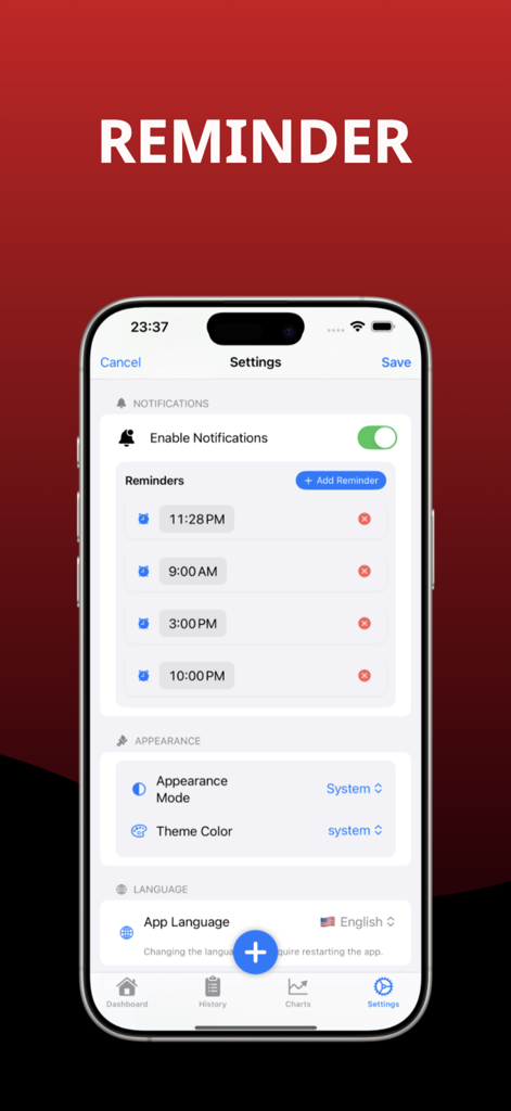 Blood Pressure Log – HealthLog - Settings screen of the HealthLog app displaying daily health reminders and notification options