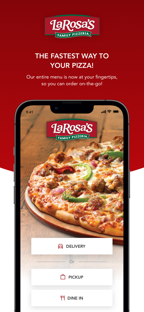 LaRosa’s Pizzeria - LaRosas Pizzeria mobile app home screen with delivery pickup and dine in options