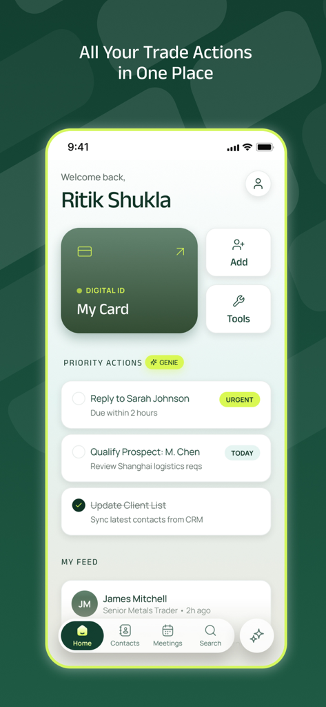 Tradyon - Tradyon app home screen showing priority trade actions like urgent replies and prospect qualification for a commodity trader.