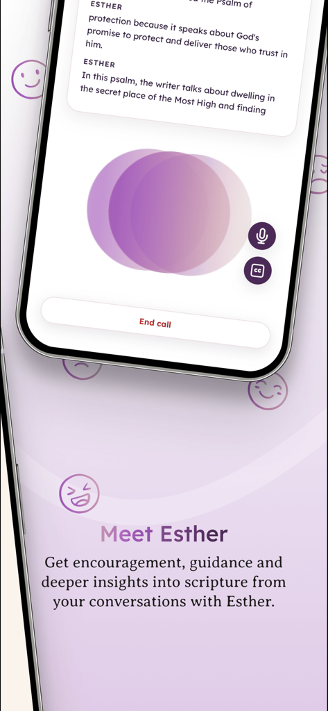The Bible Companion - The Bible Companion app screen showing a guided voice conversation with an assistant named Esther for scripture insights