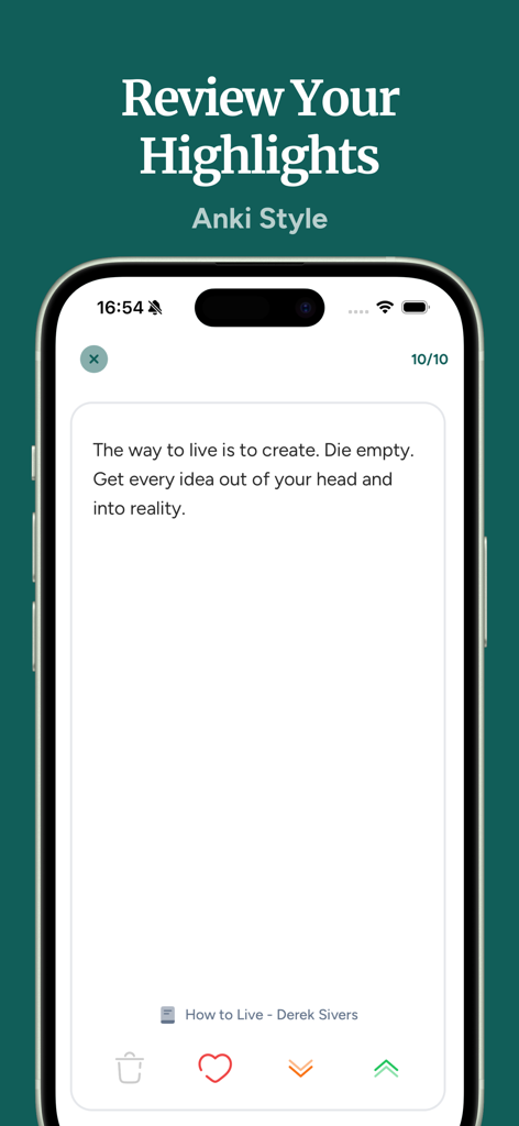 Screvi: Read & Highlight - Screvi app interface showing an Anki-style spaced repetition review of a book highlight.