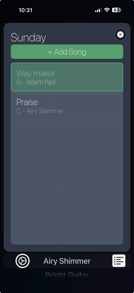 Worship Pads: Ambient Loops - Interface do aplicativo Worship Pads mostrando uma setlist de músicas para um culto de igreja de domingo com tonalidades e tons de pad ambiente específicos.