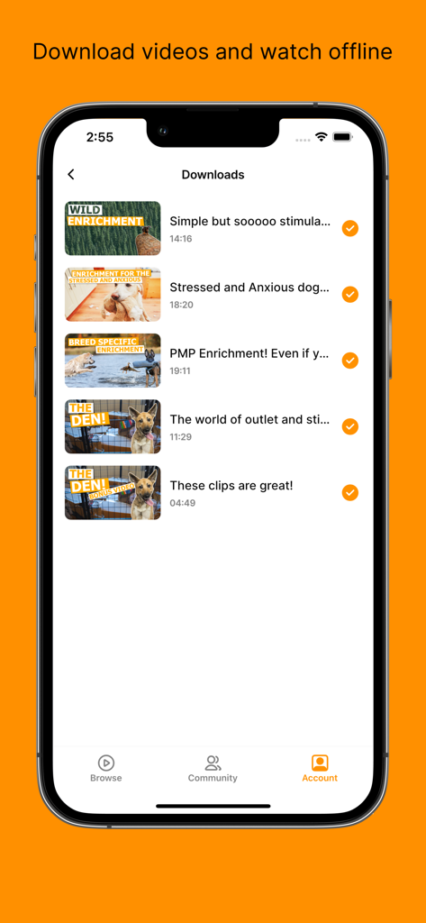 MK9Plus - MK9Plus app interface showing a list of downloaded dog enrichment and training videos available for offline viewing