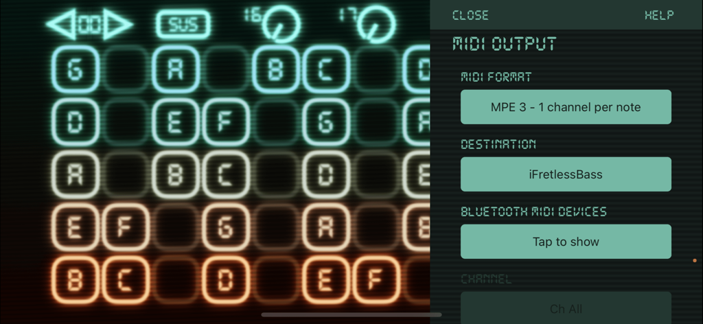 Velocity Keyboard - Velocity Keyboard MIDI output settings menu and glowing note grid interface