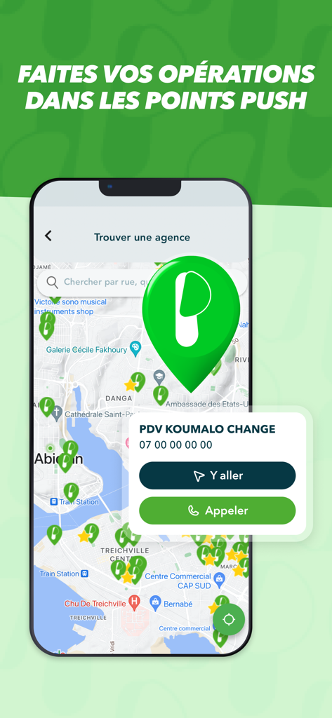 Push CI - Interface cartographique de l'application Push CI montrant les emplacements des points de service à Abidjan avec options de navigation et d'appel