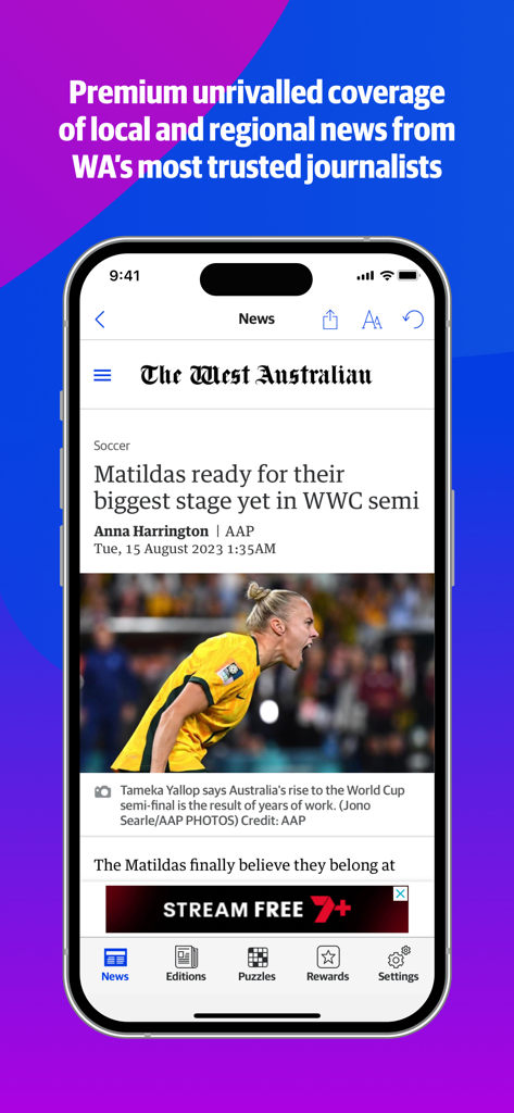 A smartphone displaying The West Australian app with a news article about the Matildas soccer team.