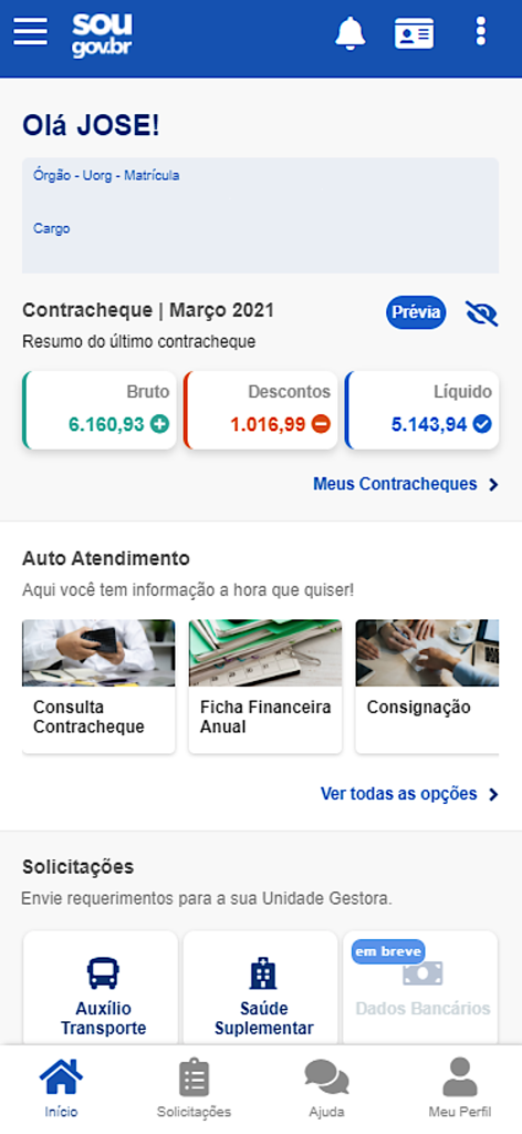 Interface do aplicativo Sou Gov.br mostrando resumo de contracheque e opções de auto atendimento para servidores públicos