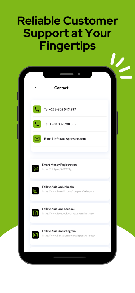 Axis Pension App - Contact screen of the Axis Pension App showing phone numbers email address and social media links for customer support
