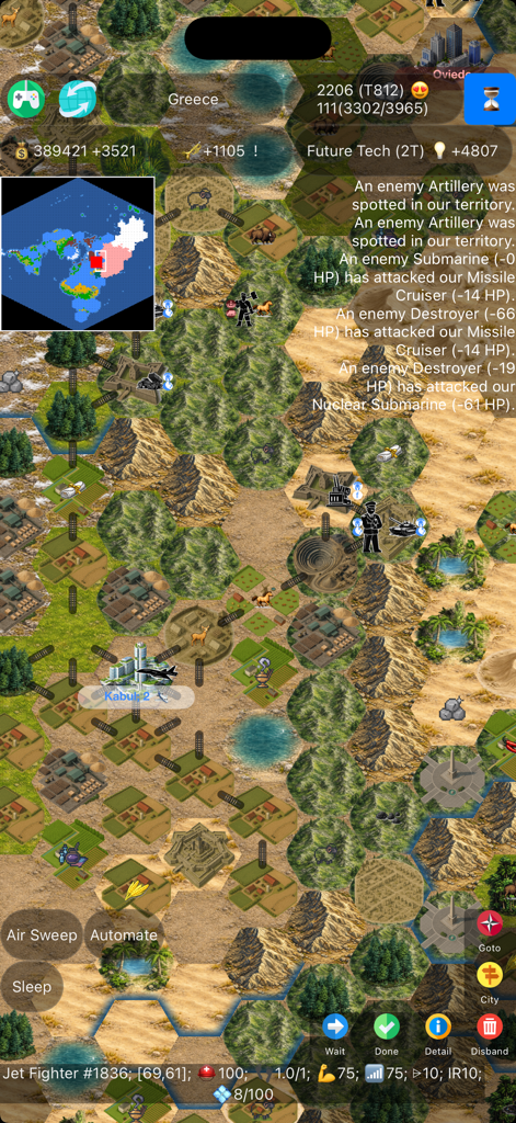 BC4000 - Civilization Model - Screenshot di gioco di BC4000 che mostra una mappa esagonale con unità e un registro di combattimento a turni