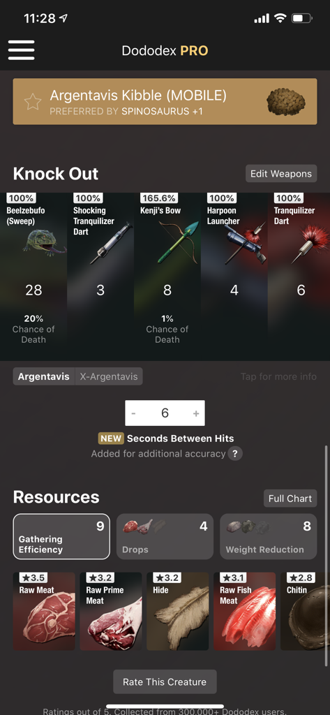 Dododex: ARK Survival Ascended - Dododex app screen showing knockout weapon calculations and resource gathering efficiency for the Argentavis in ARK Survival Ascended.